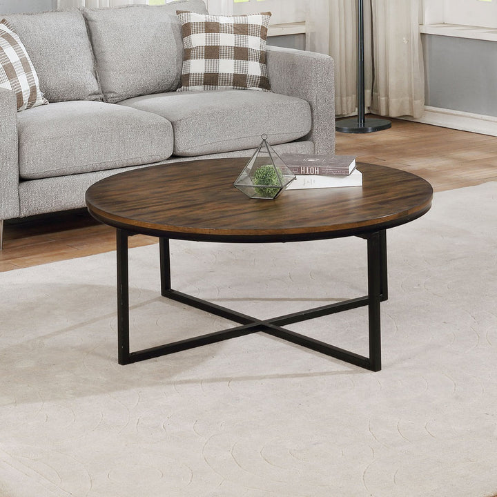 Kersh 42-Inch Round Solid Acacia Wood Coffee Table with Antiqued Mocha Finish, Metal Sled Legs, Bold Industrial Style – Center Table for Living Room, Compatible with Sectionals and Sofas Laurel Foundry Modern Farmhouse®