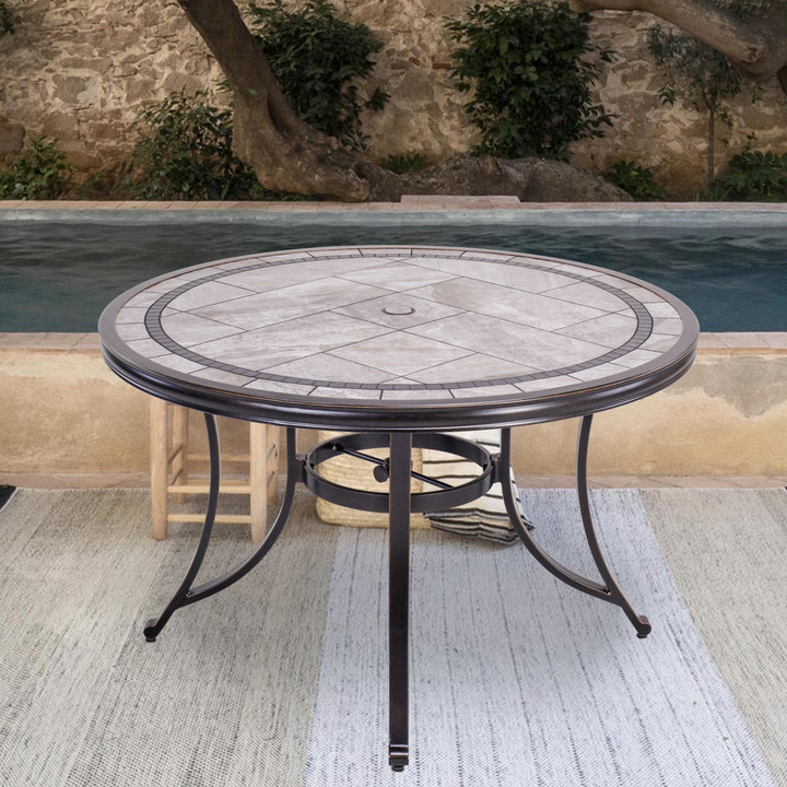 46" Round Patio Table With Handmade Porcelain Top And Heavy Duty Frame Fleur De Lis Living