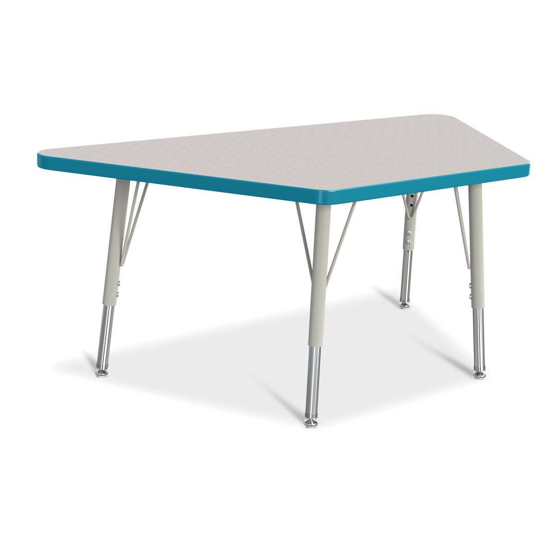 Berries® Trapezoid Activity Tables Jonti-Craft Size: 28" W x 48" D (Elementary size: 15" - 24" H) Side Finish: Freckled Gray with Teal Rainbow Accent