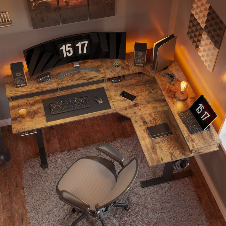 Llean L-Shape Standing Gaming Desk Inbox Zero Color (Top/Frame): Rustic Brown