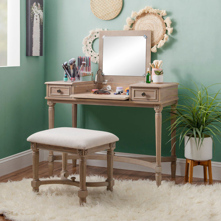 June Natural Two Drawer Flip Top Vanity Set with Stool Kelly Clarkson Home