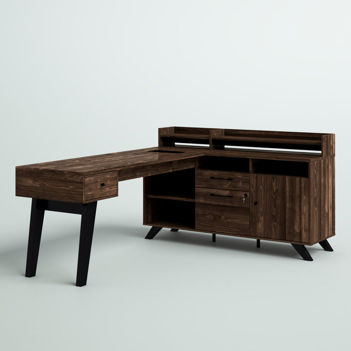 Helsy L-Shaped Desk with Power Bar and Removable Hutch Natural Walnut Mercury Row® Color: Natural Walnut