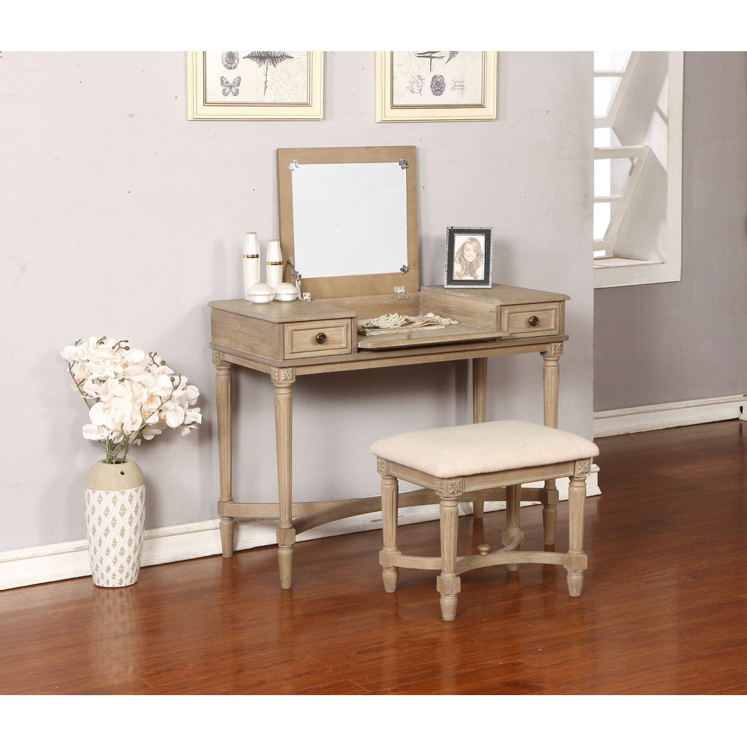 June Natural Two Drawer Flip Top Vanity Set with Stool Kelly Clarkson Home