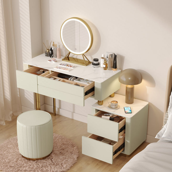 Edorta Vanity Desk with Mirror and Lights, Modern Makeup Vanity Table Set with 4 Storage Drawers and Vanity Stool Hokku Designs