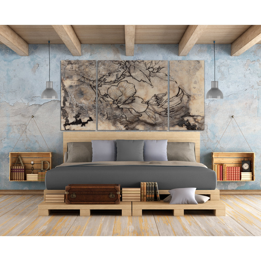 A Premium 'Tattooed Floral I' Painting Multi-Piece Image on Canvas Etta Avenue™ Size: 32" H x 64" W x 1.5" D