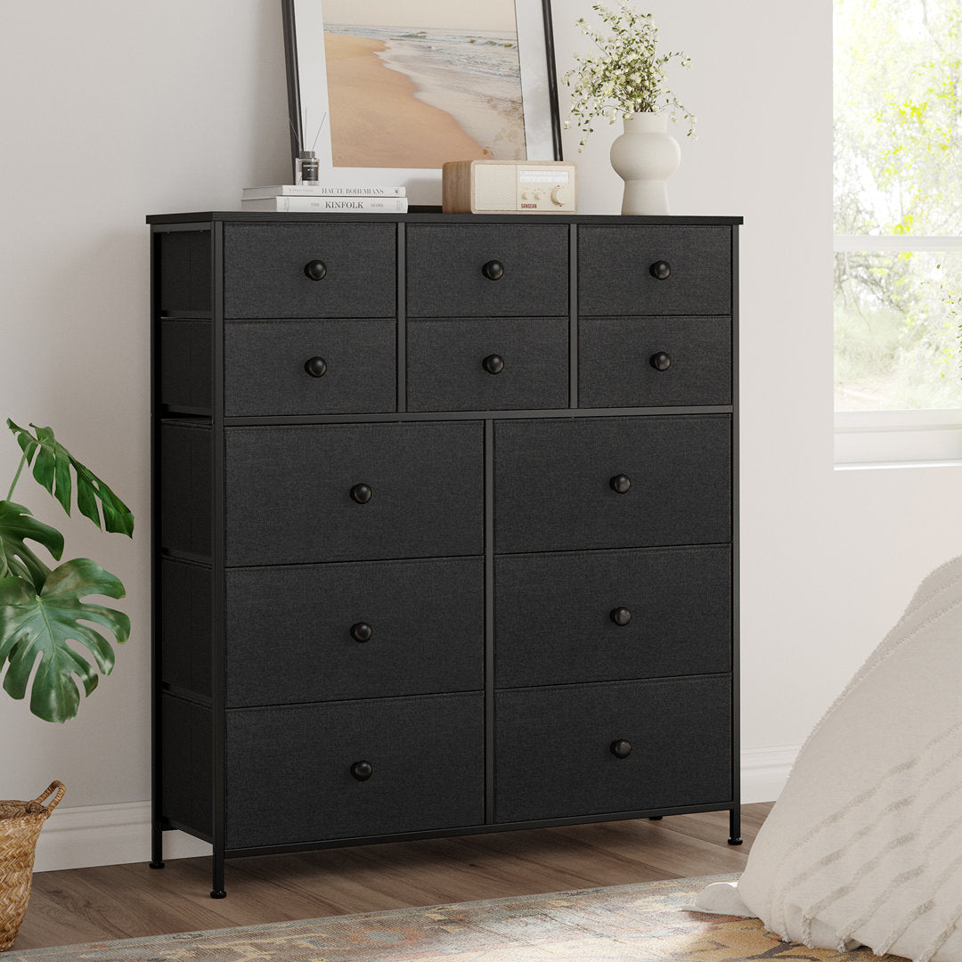 Ojaswi Dresser 12 Chest of Drawers, Closet with Wood Ebern Designs Color: Black