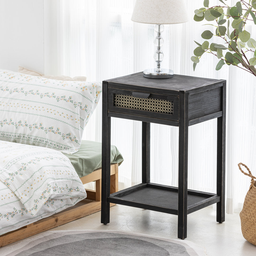 Armands Modern Minimalism Nightstand End Table Side Table with Woven Pattern Drawer and Shelf Union Rustic Color: Black