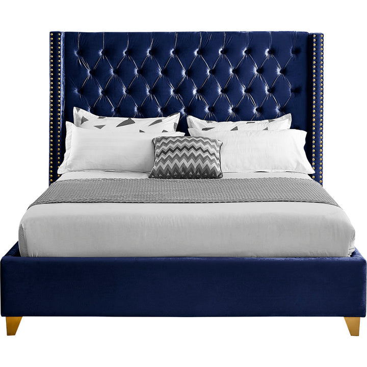Joclynn Solid Wood Tufted Upholstered Low Profile Platform Bed Everly Quinn Color: Navy Velvet Size: Full Nailhead Finish: Gold