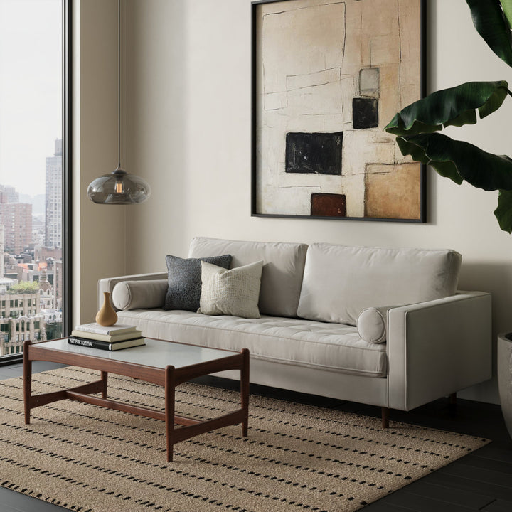 Geo 84" Upholstered Sofa AllModern Fabric: Bella Platinum Performance Velvet
