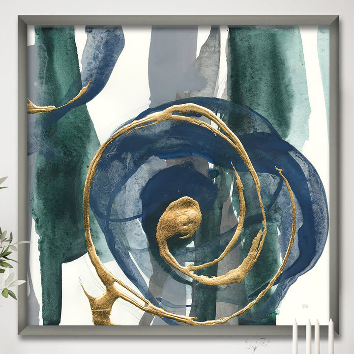 Mettalic Indigo and Gold I - Picture Frame Print on Canvas East Urban Home Size: 16" H x 16" W x 1" D Format: Silver Framed