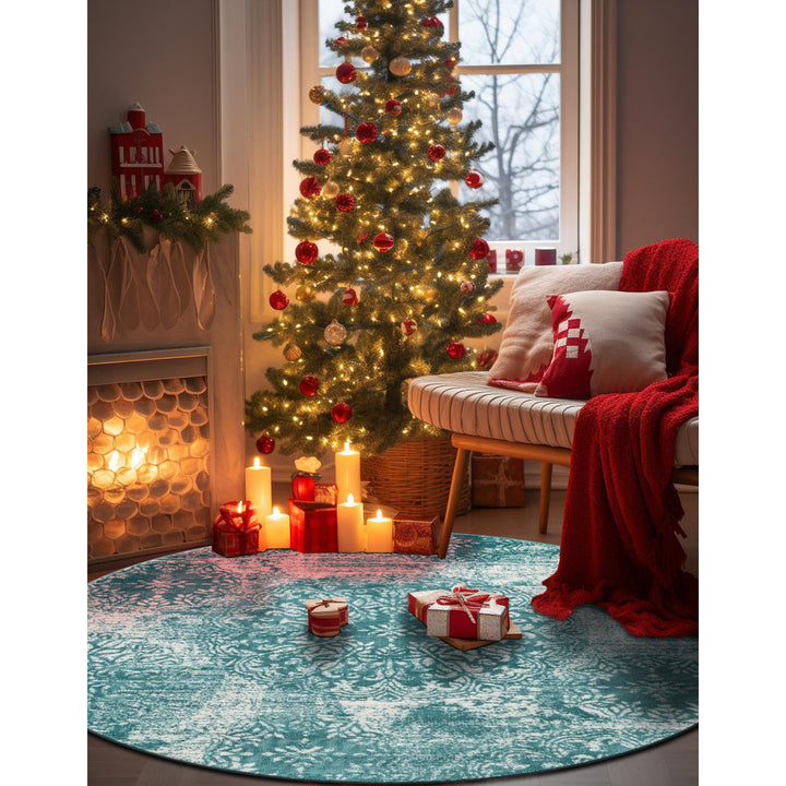Coblitz Damask Turquoise Area Rug Dakota Fields Rug Size: Round 7'