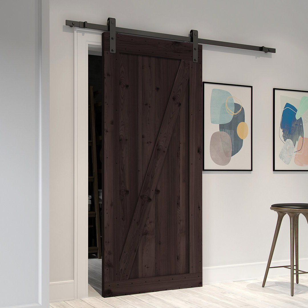 Tarcienne Paneled Wood and Metal Finish Prehung Barn Door with Installation Hardware Kit Millwood Pines Finish: Brown