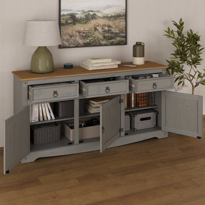 Corona 65.91" Wide 3 Drawer Pine Solid Wood Sideboard Gracie Oaks Color (Base/Top): Gray Wash Stain/Antique Brown Stain