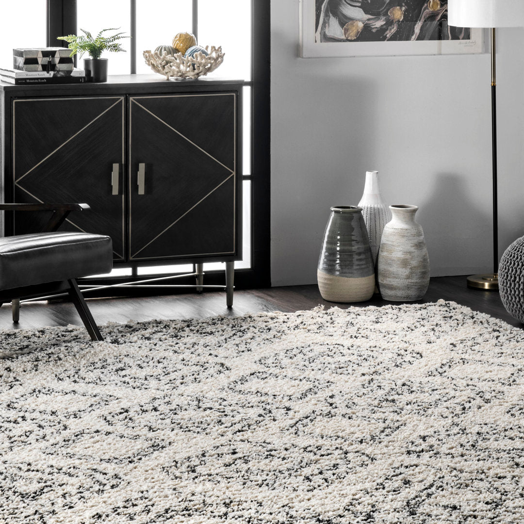 Adry Moroccan Shag Tasseled Cream/Charcoal Area Rug Union Rustic Rug Size: Runner 2'6" x 14'