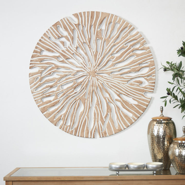 Beige Wood Handmade Intricately Carved Starburst Wall Decor Mistana™ Size: 36'' H X 36'' W X 1" D