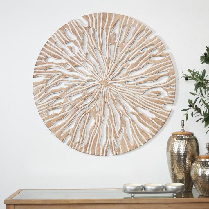 Beige Wood Handmade Intricately Carved Starburst Wall Decor Mistana™ Size: 36'' H X 36'' W X 1" D