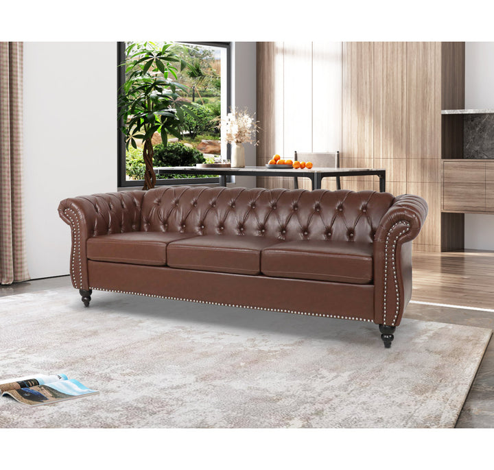 Chesterfield Button Tufted Backrest Multi-seat Upholstered Sofa Canora Grey Fabric: Dark Brown Faux Leather