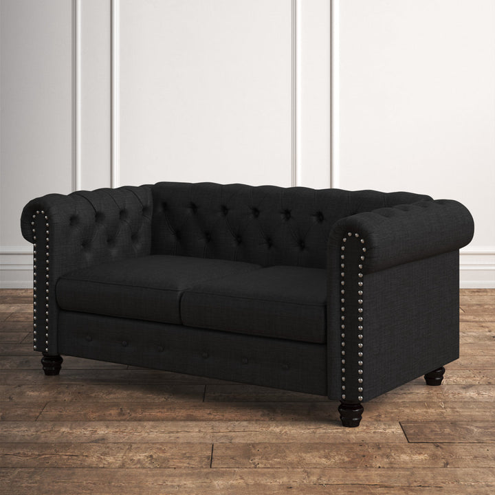 Provence 61" Rolled Arm Chesterfield Loveseat Kelly Clarkson Home Upholstery Color: Dark Gray Linen Blend