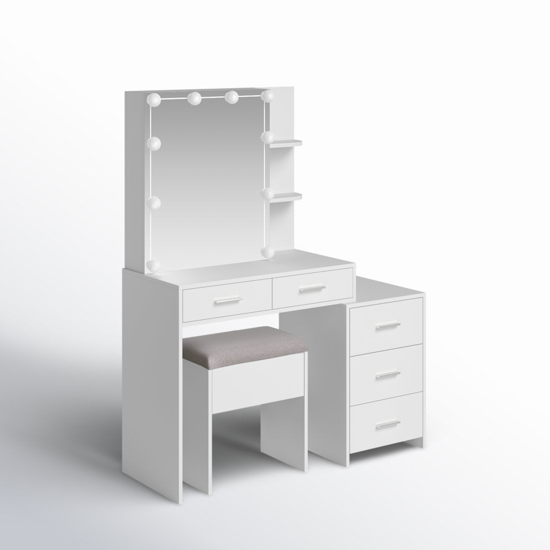 Calletano 44.3"Wide Makeup Vanity Set with Mirror Cabinet, Stool,5 Drawers Wade Logan® Color: White