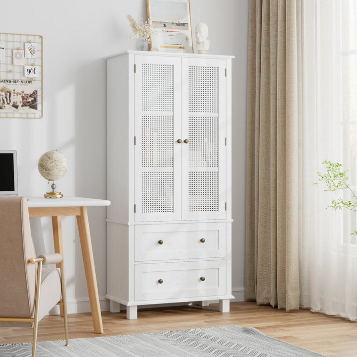 2-Door 2-Drawer Tall Locker With Faux Rattan And Faux Solid Wood Surface, 64.4"H X 28.54"W X 15"D Bay Isle Home™ Color: White