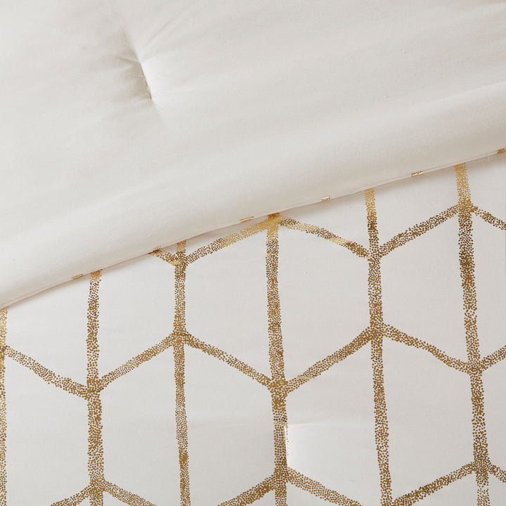 Raina Metallic Printed Comforter Set Intelligent Design Color: Ivory/Gold Size: King/Cal.King Comforter + 2 Shams + 2 Throw Pillow