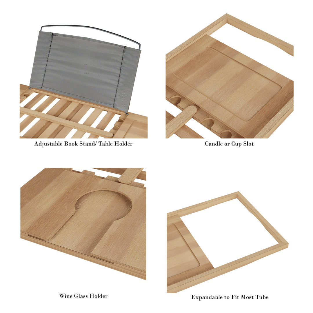 Gardner Bamboo Bathtub Tray - Wood Bath Caddy with Book, Phone, or Tablet Rest, Cup Holder, and Extended Sides for Bath Accessories by Home-Complete Rebrilliant