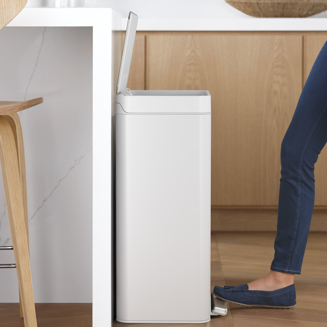 Reset 13 Gallon Kitchen Trash Can, Stainless Steel Hand Free Step Trash Can with Quiet-Close Lid Kohler Color: White/Stainless Steel