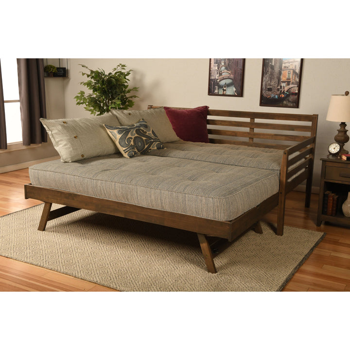 Alhamdi Boho Daybed and Pop-Up Bed with Mattresses Lark Manor™ Frame Color: Rustic Walnut, Mattress Color: Seaport Blue