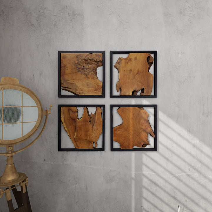 Teak Wood Handmade Live Edge Tree Trunk Abstract Home Wall Decor with Black Frames Mercury Row®