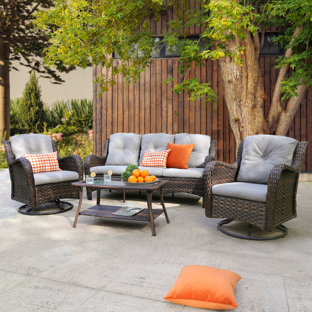 Alejah 4 Piece Rattan Sofa Seating Group with Cushions Lark Manor™ Ottoman Included: No