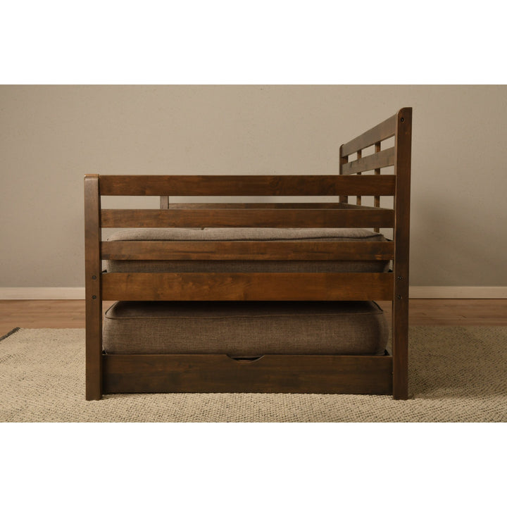 Alhamdi Boho Daybed and Pop-Up Bed with Mattresses Lark Manor™ Frame Color: Rustic Walnut, Mattress Color: Seaport Blue
