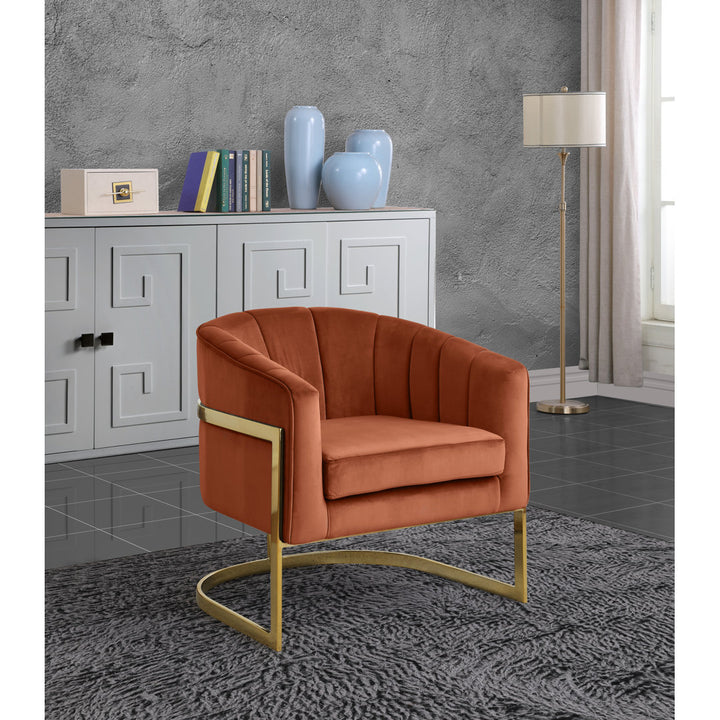 Barnicle 30" Wide Velvet Barrel Chair Everly Quinn Body Fabric: Cognac Velvet