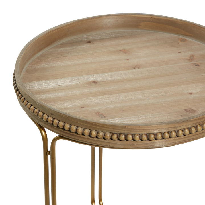 Wooden Round Beaded Nesting Side End Brown Accent Table with Gold Metal Stand Set Dakota Fields