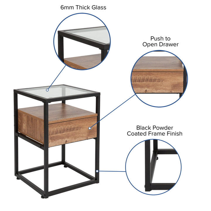 Riaan Glass End Table with Drawer and Shelf in Rustic Wood Grain Finish Union Rustic