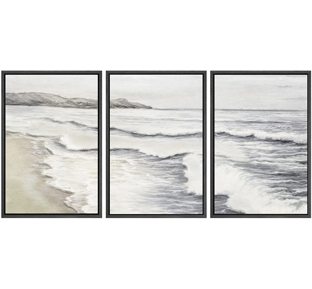 Coastal Beach Ocean Waves Muted Relax Calm Seascape Home Decor - Framed Canvas Print Wall Art Work SIGNLEADER Size: 24" H x 48" W x 1.5" D Format: Black Framed
