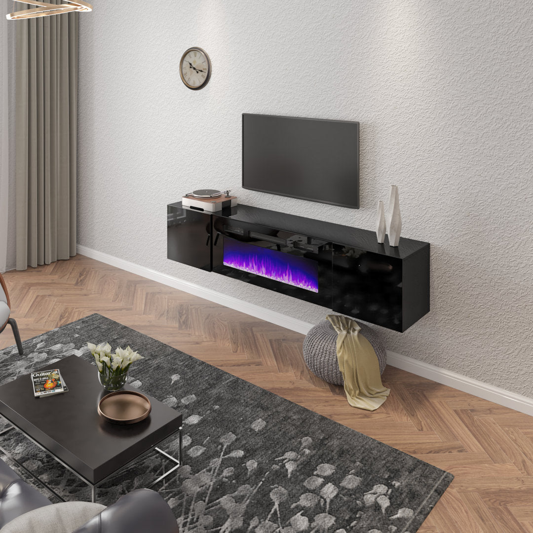 Bhhatu Highgloss Wall Mounted Floating Fireplace TV Stand Wade Logan® Color: Black Overall Entertainment Center Width - Side to Side: 68"