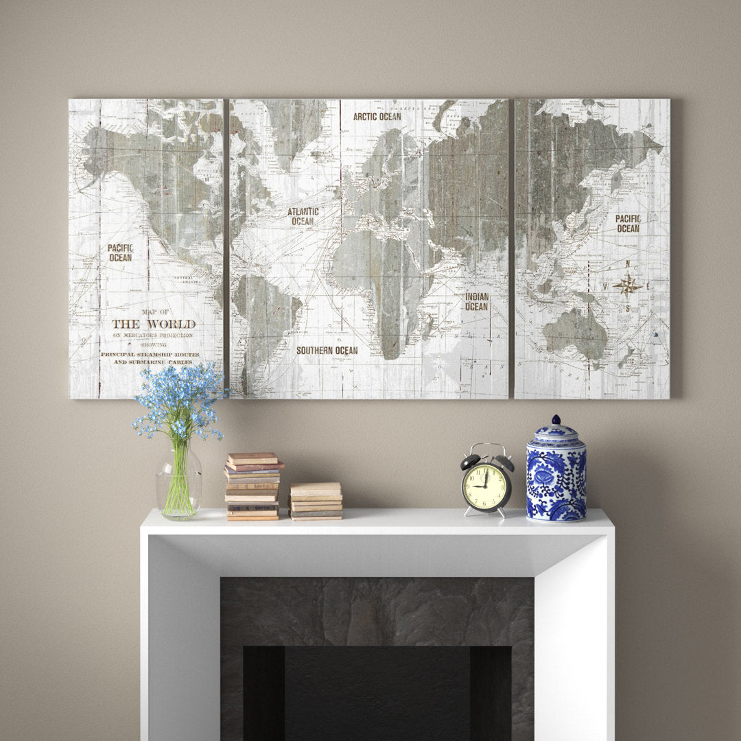 Clyatt Old World Map - 3 Piece Canvas Graphic Art on Canvas Alcott Hill® Size: 40" H x 80"W x 1.5" D