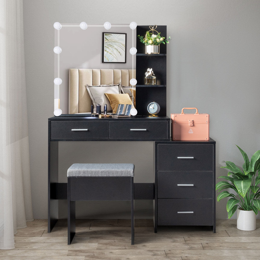 Calletano 44.3"Wide Makeup Vanity Set with Mirror Cabinet, Stool,5 Drawers Wade Logan® Color: Black