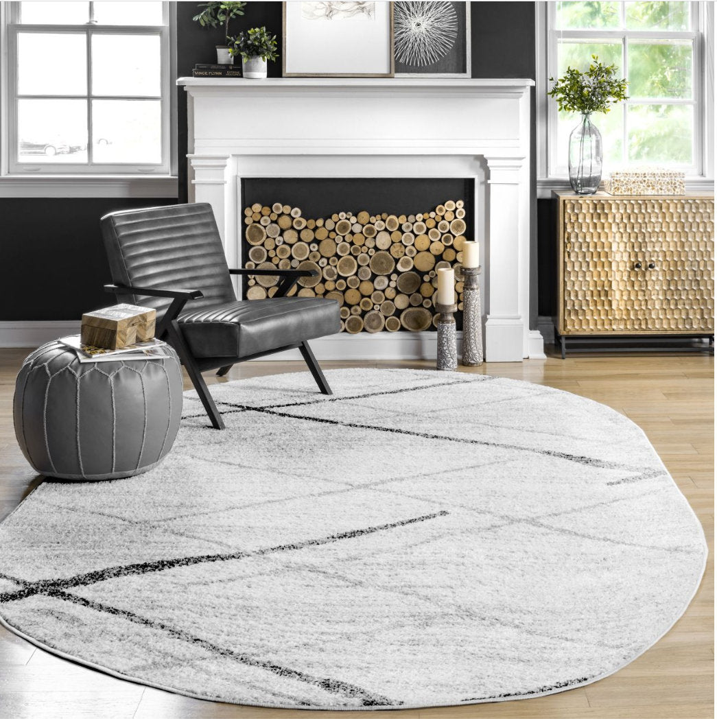 Amii Abstract Stripe Contemporary Ivory/Gray/Charcoal Area Rug Wrought Studio™ Rug Size: Oval 6'7" x 9'