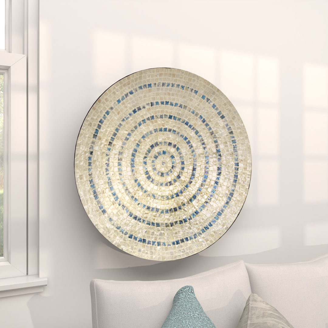 Mother of Pearl Shell Handmade Mosaic Plate Home Wall Decor with Blue Accents Dakota Fields