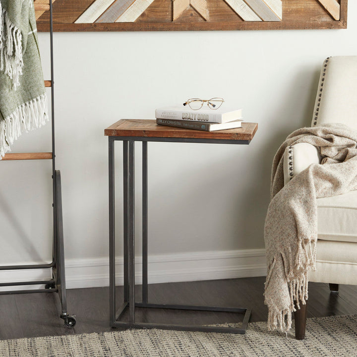 Metal C-Shaped Side End Black Accent Table with Brown Wood Top 17 Stories