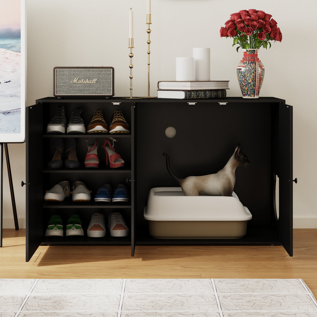 Black Three Door Cat Litter Box Enclosure With 4 Shelves Tucker Murphy Pet™ Color: Black