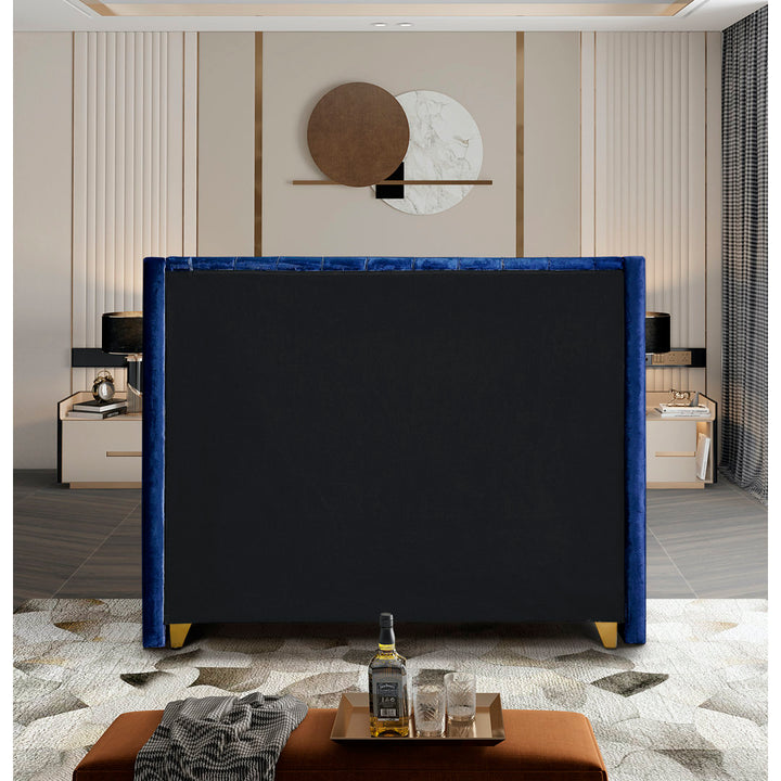 Joclynn Solid Wood Tufted Upholstered Low Profile Platform Bed Everly Quinn Color: Navy Velvet Size: Full Nailhead Finish: Gold