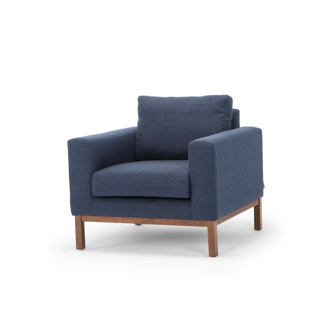 Clayton Upholstered Armchair Joss & Main Fabric: Venga Dust Blue Performance Basketweave
