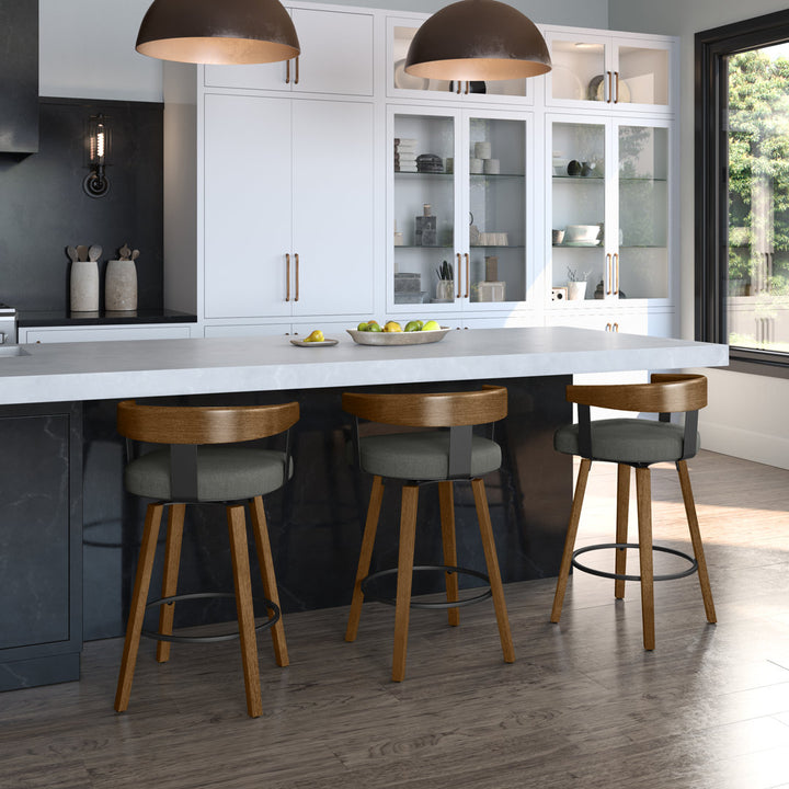 Calvion Swivel Counter & Bar Stool with Wooden Backrest Wade Logan® Upholstery: Charcoal Gray, Seat Height: Counter Stool (26.25" Seat Height)