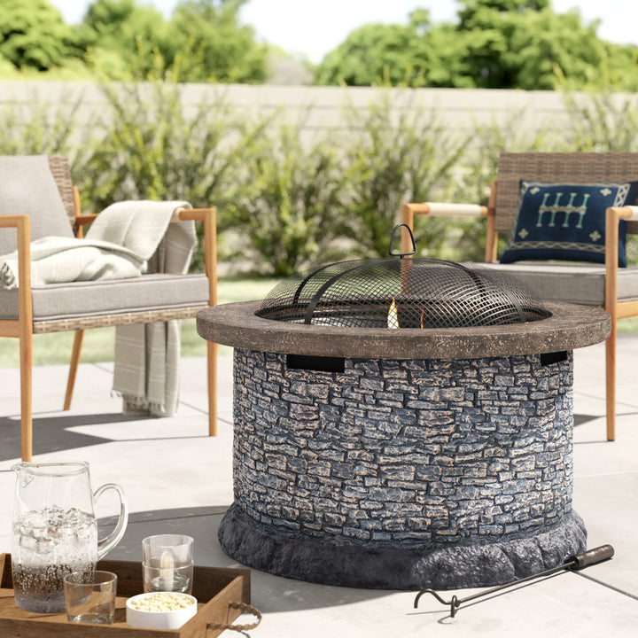 Nolia 32 inch Fire Pit for Outside, Outdoor Stone Wood Burning Fire Pit with Steel Mesh Spark Screen and Fire Poker, Large Bonfire for Patio and Backyard Williston Forge