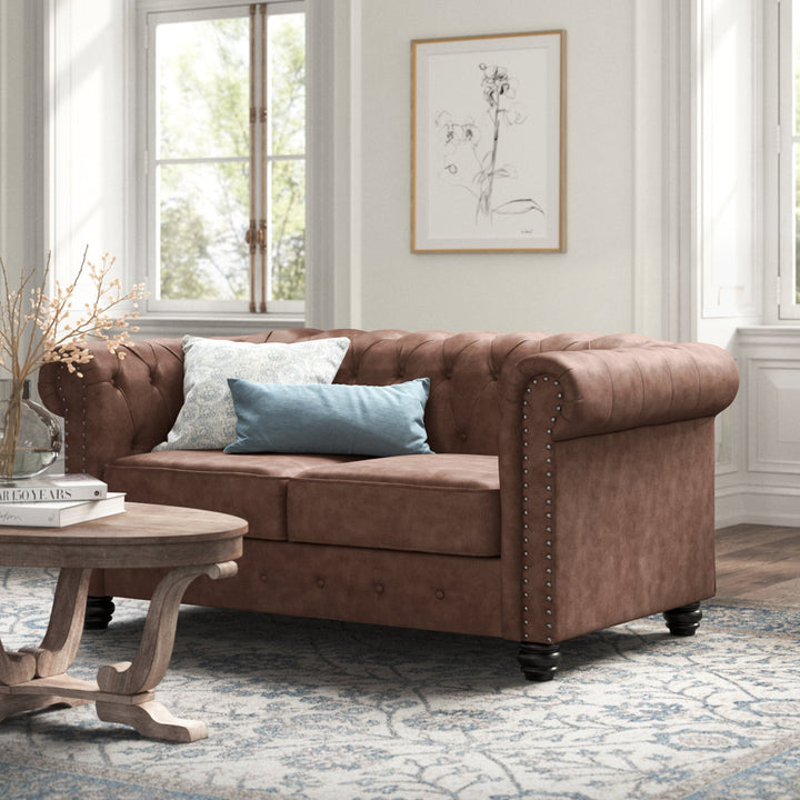 Provence 61" Rolled Arm Chesterfield Loveseat Kelly Clarkson Home Upholstery Color: Brown Leather like Fabric