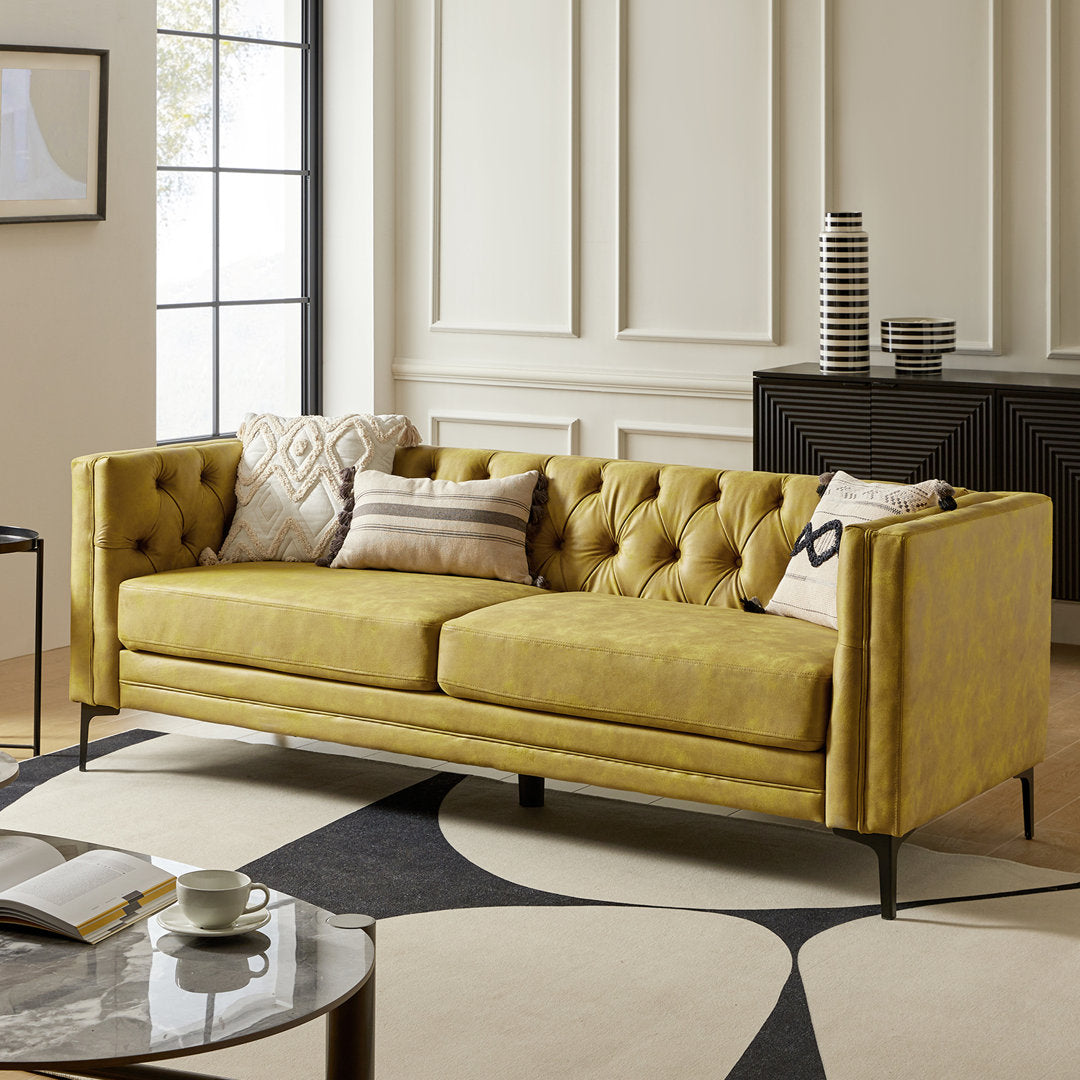 Brinna Contemporary 84" Upholstered Button-tufted Sofa with Metal Legs Wade Logan® Fabric: Mustard Polyester