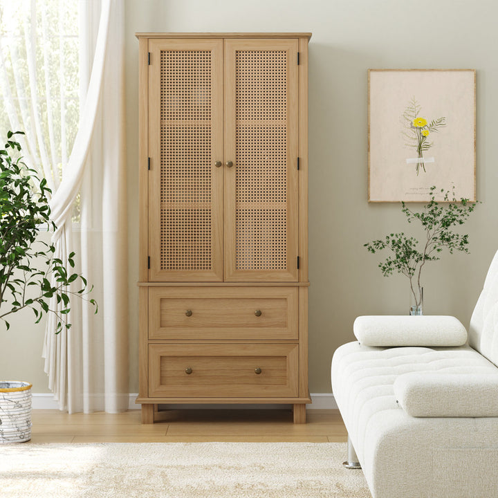 2-Door 2-Drawer Tall Locker With Faux Rattan And Faux Solid Wood Surface, 64.4"H X 28.54"W X 15"D Bay Isle Home™ Color: Brown