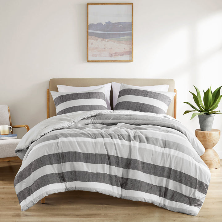 Blake Stripe Textured Print Microfiber Comforter Set 510 Design Color: Black/Gray Size: Queen Comforter + 2 Standard Shams